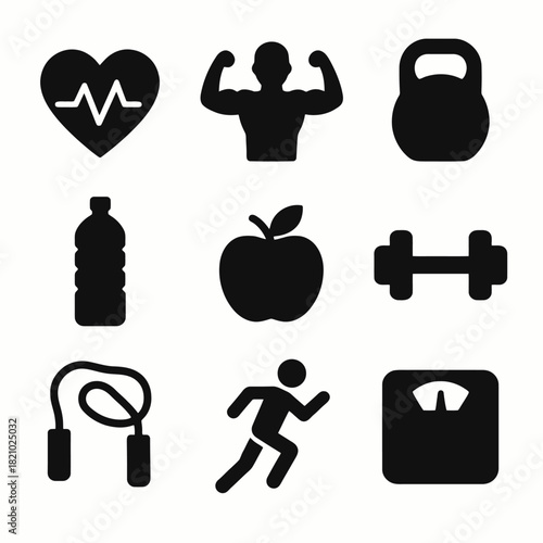 Fitness icons set: heart, muscle, kettlebell, water, apple, dumbbell, jump rope, runner, scale