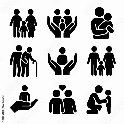 Family and care icon set: diverse family structures and support symbols