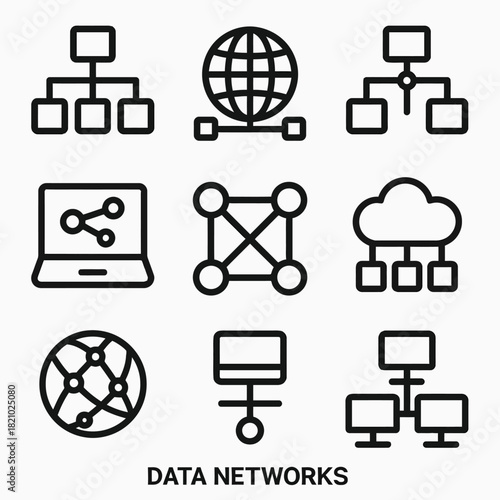 Data networks icon set: web, cloud, laptop, connectivity illustrations