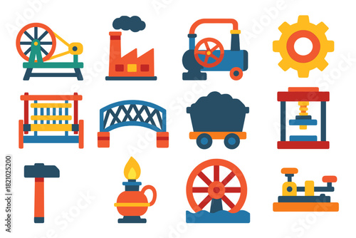 Industrial Revolution Icons. Flat vector icons of Industrial Revolution: spinning jenny, factory chimney, steam engine, gear,