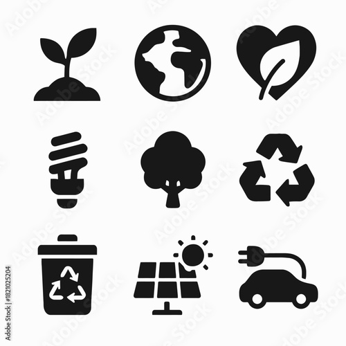Eco symbols: sustainability icons featuring earth, recycling, solar energy, and more