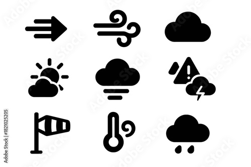 Wind Icons Collection. Solid style icons of Wind and weather conditions: gust arrow, swirling wind, cloud puff, sunny sky, light