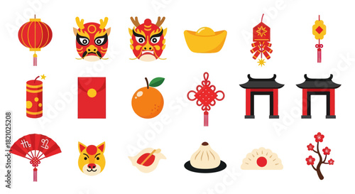 Chinese new year icons lanterns masks gold and traditional symbols