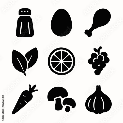 Set of nine food icons including salt, egg, chicken, and vegetables