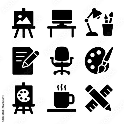 Art studio icons: easel, computer, lamp, painting tools, chair, hot beverage, writing supplies