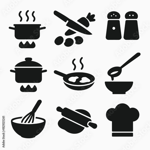 Cooking utensils and ingredients icons: pots, pans, chef hat, carrot, salt, rolling pin