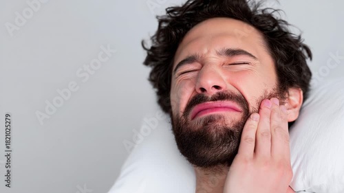 A man lies in bed at home, visibly distressed by tooth pain. His expressions change from discomfort to agony as he touches his face