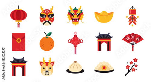 Chinese new year icons traditional symbols and festive illustrations