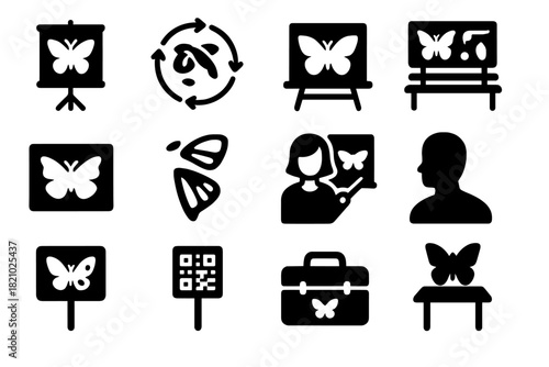 Educational Butterfly Icons. Solid style icons of Educational Butterfly Garden: butterfly chart, labeled life cycle, chalkboard,