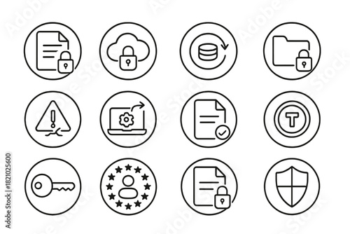 Data Protection Icons. Line style round icons of data protection: file encryption, secure cloud, backup icon, folder lock; data
