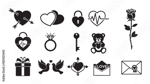 Collection of romantic valentine's day icons featuring hearts roses and love symbols