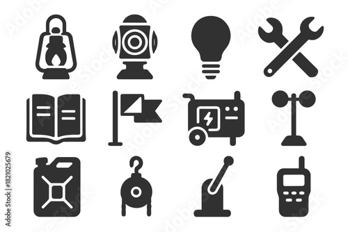 Lighthouse Tool Icons. Solid style icons of Lighthouse operation tools: oil lamp, rotating lens, light bulb, maintenance wrench,