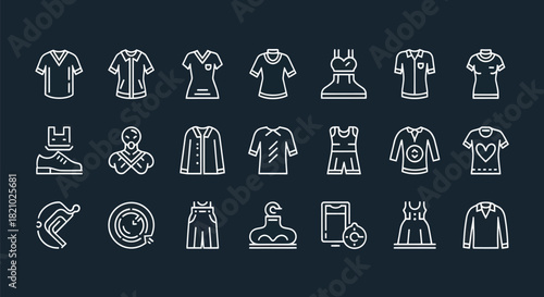 Clothing icons set various garments in simple outline style
