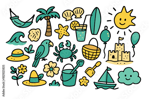 Colorful drawing of beach and ocean themed items, including a palm tree