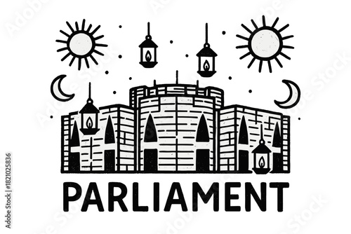 Black and white drawing of a building with a sun and moon in the background