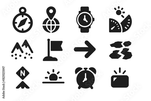 Arctic Navigation Icons. Solid style icons of Arctic time and navigation: magnetic compass, GPS coordinates, time tracker, sun