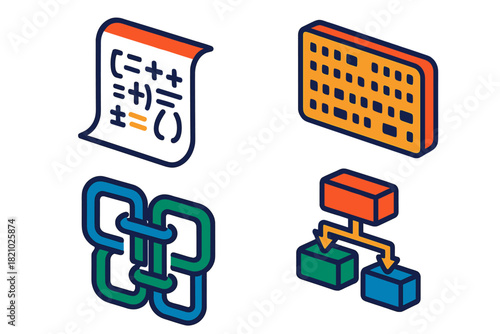 Forgotten Languages Icons. Isometric vector illustration set Forgotten Programming Languages: ALGOL listing on paper, SNOBOL punch