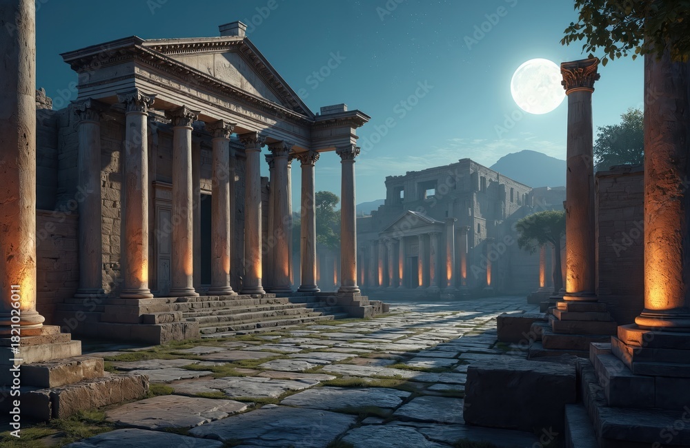 Fototapeta premium Ancient Roman Forum ruins under clear night sky with full moon. Stone columns and buildings lit by warm lights. Historic Italian landmark viewed by tourists.
