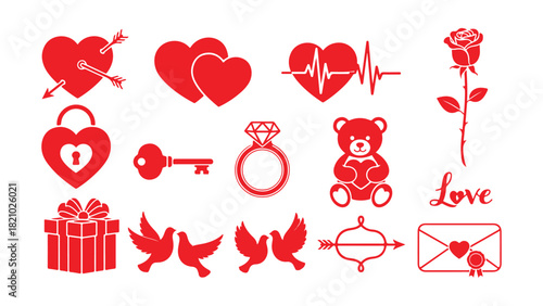 Collection of red valentine's day icons featuring hearts love symbols and romantic imagery