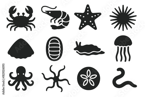 Tide Pool Icons. Solid style icons of Tide Pool Creatures: crab crawling, shrimp swimming, starfish clinging, sea urchin, limpet,