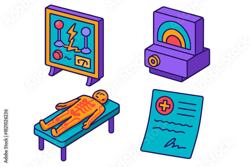Pseudo-Scientific Exhibit Icons. Isometric vector illustration set Pseudo-Scientific Exhibits: Electricity demonstration board,