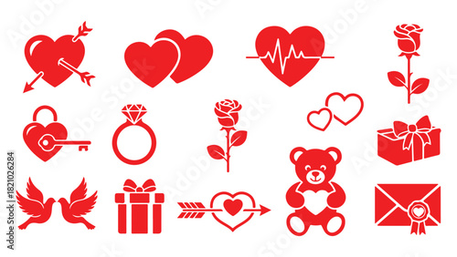 A collection of red valentine's day icons featuring hearts roses and love symbols