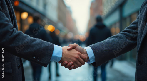 Fototapeta Naklejka Na Ścianę i Meble -  On the street of a small town in winter, in coats, two businessmen shake hands as a sign of an agreement
