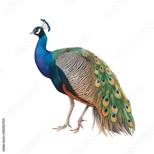 Watercolor painting of peafowl Isolated on white background