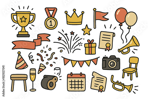 Collection of cartoonish symbols and objects, including a trophy, a camera