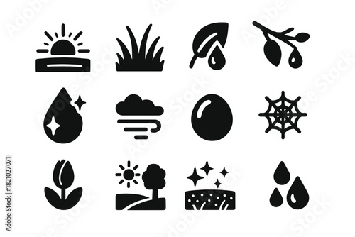 Morning Dew Icons. Solid style icons of Morning Dew: sunrise horizon, grassy meadow, dew on leaf, shining drop, soft mist, tree