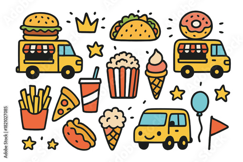 Cartoon drawing of food and vehicles with a yellow background