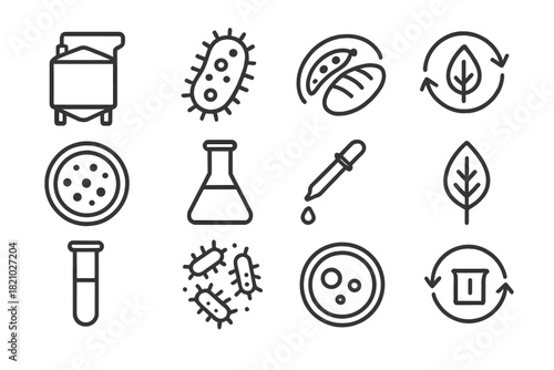 Fermentation Science Icons. Line style icons of Fermentation Science: Brewing Tank, Microbe, Sustainable Protein, Food Future;