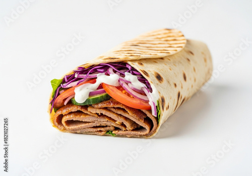  A single Turkish kebab wrap placed on a clean white background