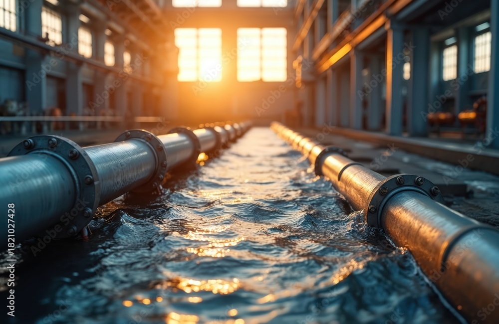 Obraz premium Industrial pipes transport water through a facility. The closed-loop water system recycles liquid. Sun shines through large windows on the factory floor.