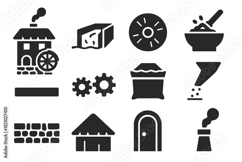 Old Mill Icons. Solid style icons of Old Mill: mill building, water channel, millstone, grinding grain, wooden beam, gear system,