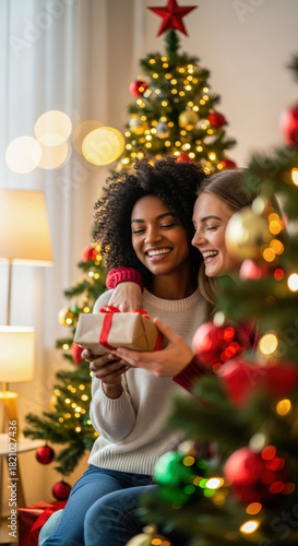 Two smiling young women exchanging a Christmas present near a decorated tree, conveying joy and holiday spirit.