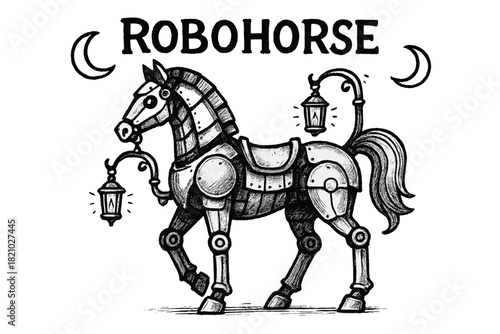 Horse with a mechanical look on its face and a sign that says Robohorse