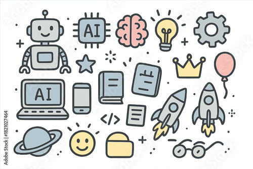 Cartoon drawing of a robot, a book, a laptop, a cell phone, a rocket