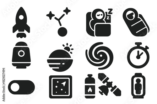 Deep Space Travel Icons. Solid style icons of Deep Space Travel: Rocket, Star Map, Sleeping Astronaut, Capsule, Planet Horizon,