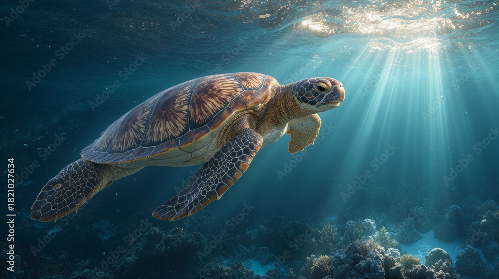 Fototapeta premium Sea turtle gliding gracefully through crystal clear water with sun rays above during a serene underwater scene