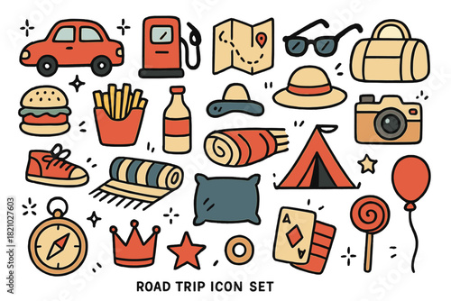 Collection of cartoon icons for a road trip