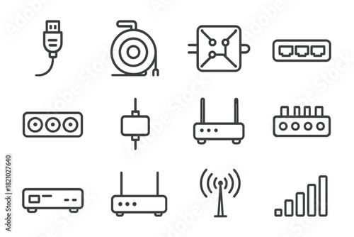 Network Connection Icons. Line style icons of network connections: patch cord, cable reel, junction box, hub; socket array,