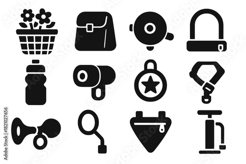 Bicycle Accessories Icons. Solid style icons of Bicycle Accessories: flower basket, lunch pouch, bell ringer, bike lock, water