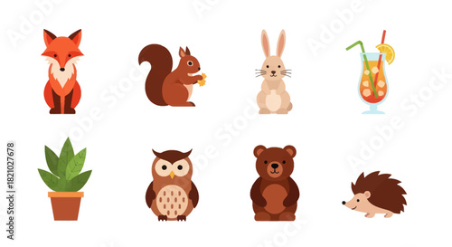Collection of cartoon animals and drink illustrations on white background