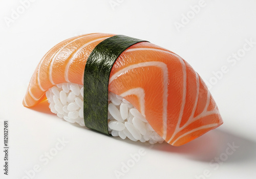 A single piece of salmon sushi placed on a clean white background