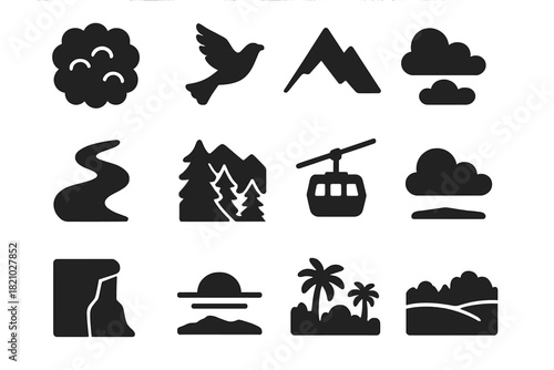 Aerial View Icons. Solid style icons of Aerial View: treetop canopy, flying bird, mountain ridge, winding river, forest valley,