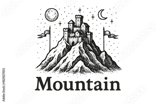 Mountain with a castle on top and a moon in the sky