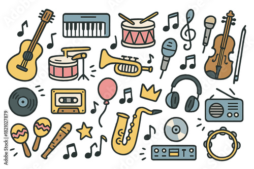 Collection of musical instruments and accessories, including a guitar