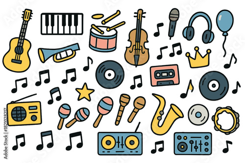 Collection of musical instruments and equipment, including a microphone