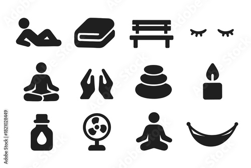 Relaxation Icon Set. Solid style icons of Relaxation: reclining figure, folded towel, wooden bench, closed eyes, lotus position,